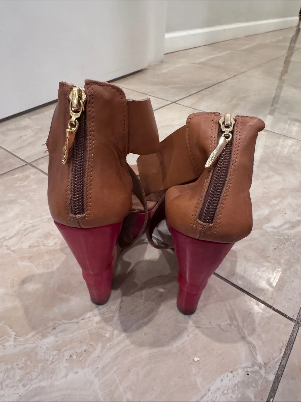 Diane Von Furstenberg Tan Leather Crisscross Wedge Sandals with Pink Sole